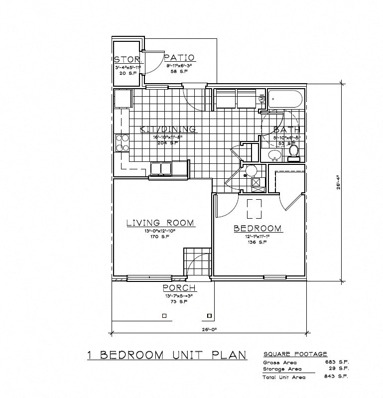 Floor plan for 1 bed, 1 bath, 639 sqft